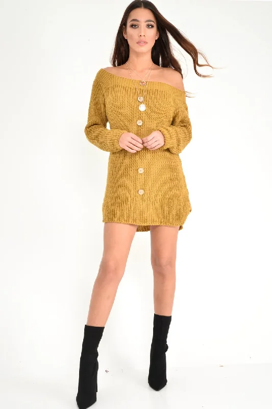 Mustard Bardot Button Front Chunky Knit Jumper Dress - Syanna Trendy unclassified dresses