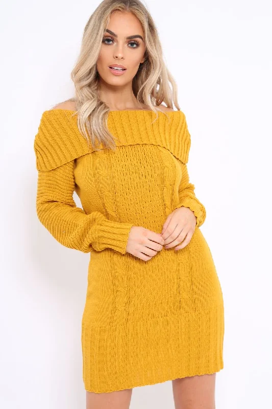 Mustard Bardot Chunky Knit Jumper Dress - Kaidyn Long sleeve unclassified dresses