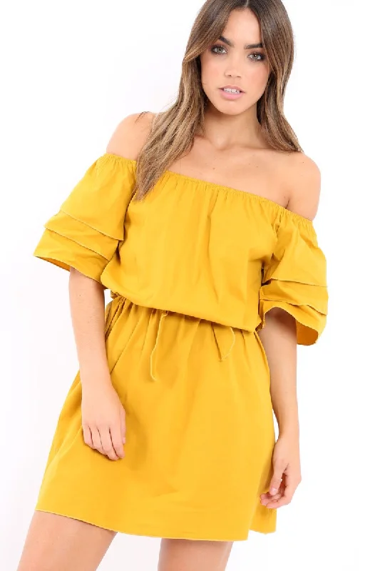 Mustard Bardot Dress with Ruffled Sleeves - Breena Luxury unclassified dresses