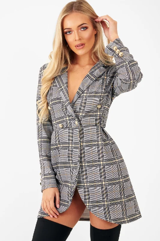 Mustard Black Check Wrap Blazer Dress - Emry High-end unclassified dresses