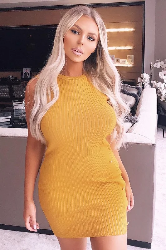 Mustard Button Front Knitted Jumper Dress - Adalei Lounge unclassified dresses