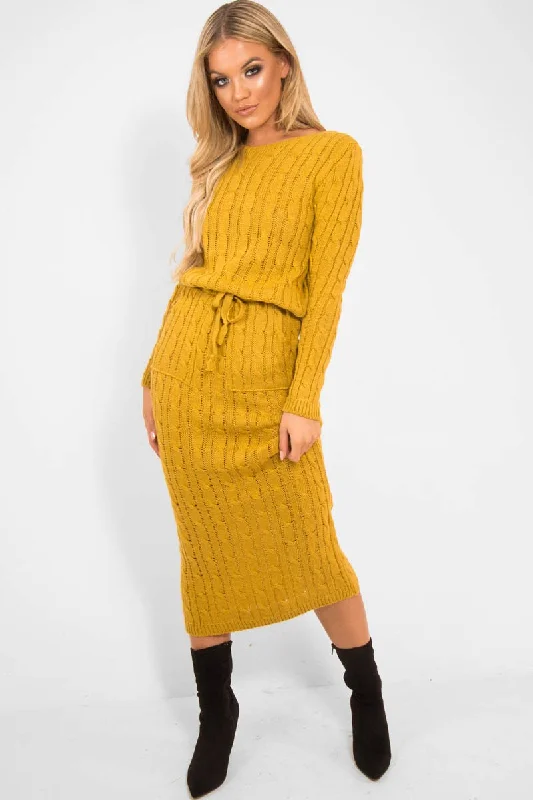 Mustard Cable Knit Drawstring Waist Dress - Rhea Vacation unclassified dresses