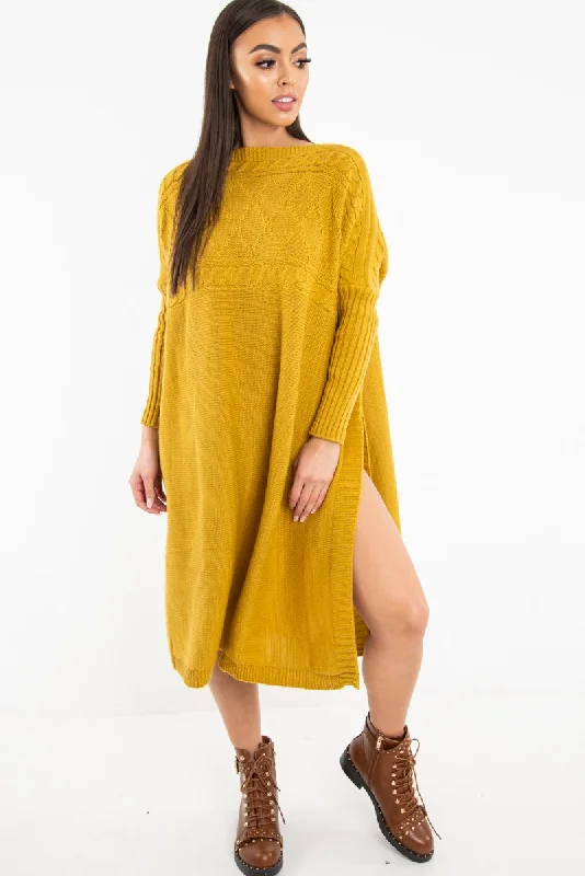 Mustard Cable Knit Side Split Jumper Dress - Maniya Engagement unclassified dresses