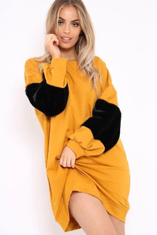 Mustard Jumper Dress with Fur Sleeves - Paris Cotton unclassified dresses