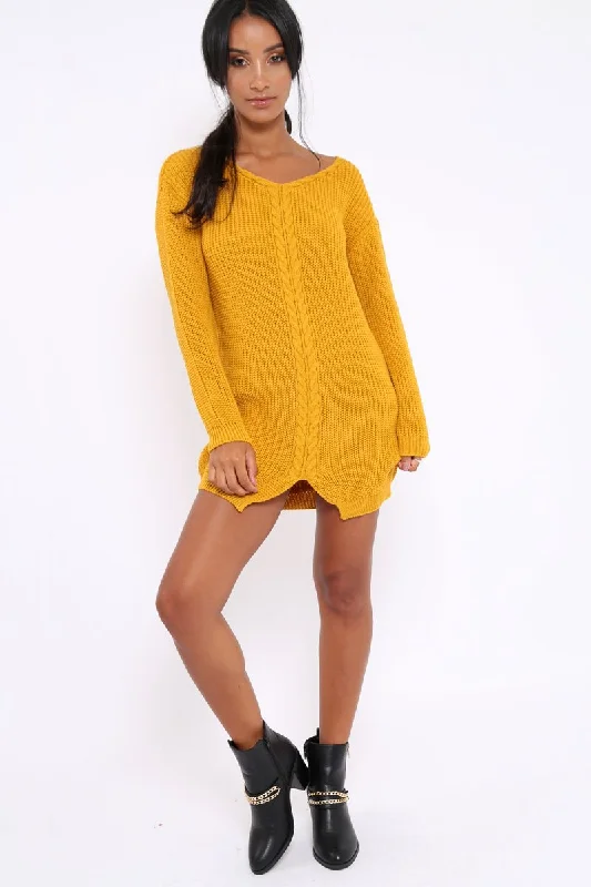 Mustard Jumper Dress with Twist Knit Detail - Antonia Printed unclassified dresses