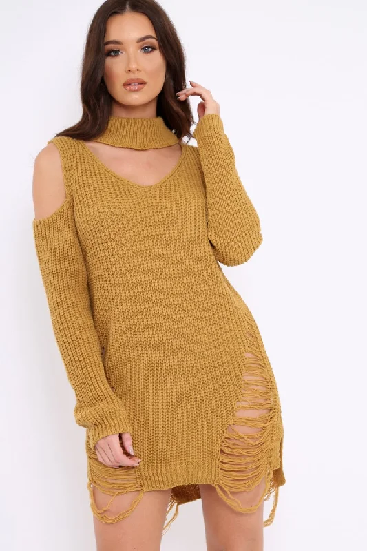 Mustard Knitted Cut Out Front Cold Shoulder Distressed Jumper Dress - Jamie Boho unclassified dresses