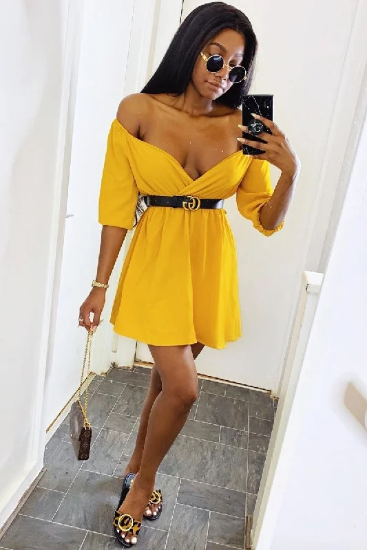 Mustard Plunge Crepe Belted Dress - Baily Trendy new unclassified dresses