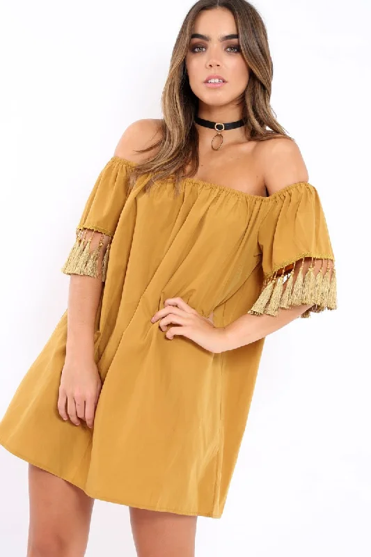 Mustard Shift Dress With Tassle Sleeves - Danielle Fall unclassified dresses