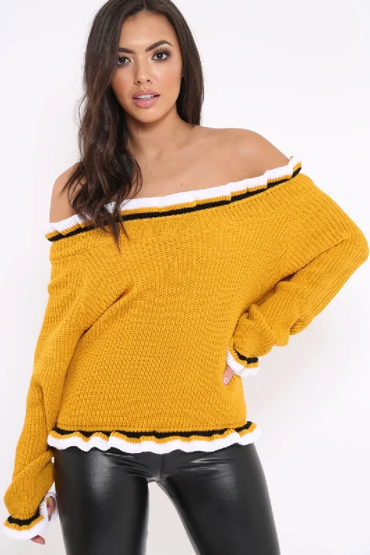 Mustard Stripe Bardot Knitted Jumper - Bailey Pastel unclassified dresses