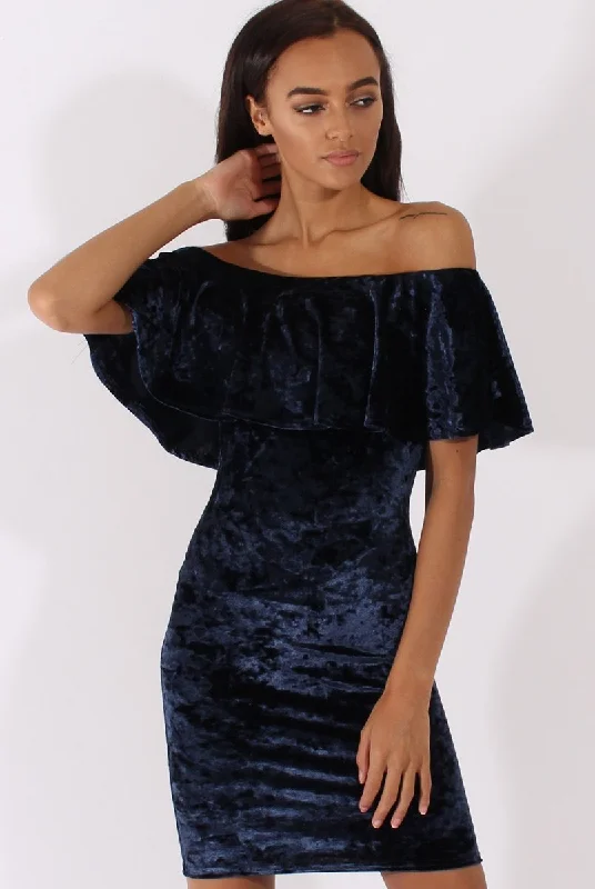 Navy Crushed Velvet Frill Dress - Esmy Tiered unclassified dresses