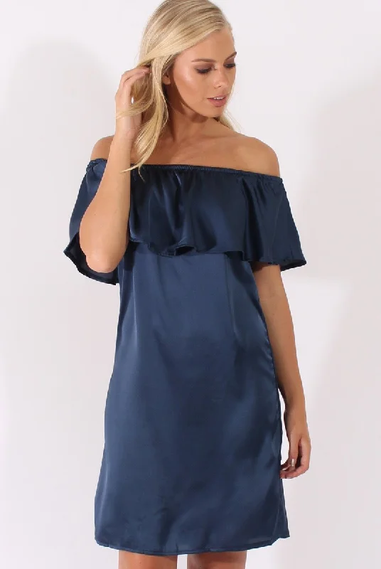 Navy Satin Bardot Frill Dress - Alura Sexy unclassified dresses