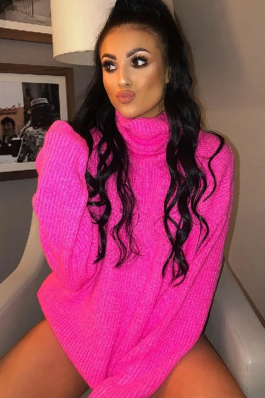 Neon Pink Roll Neck Jumper Dress - Freylynn Lightweight unclassified dresses