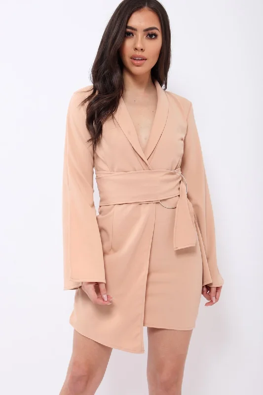 Nude Blazer Dress with Ring Belt Detail - Emilie Ruched unclassified dresses