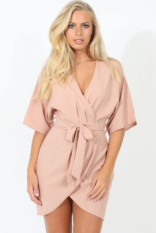 Nude Wrap Around Pleated Tie Waist Dress - Lilith Elegant unclassified dresses