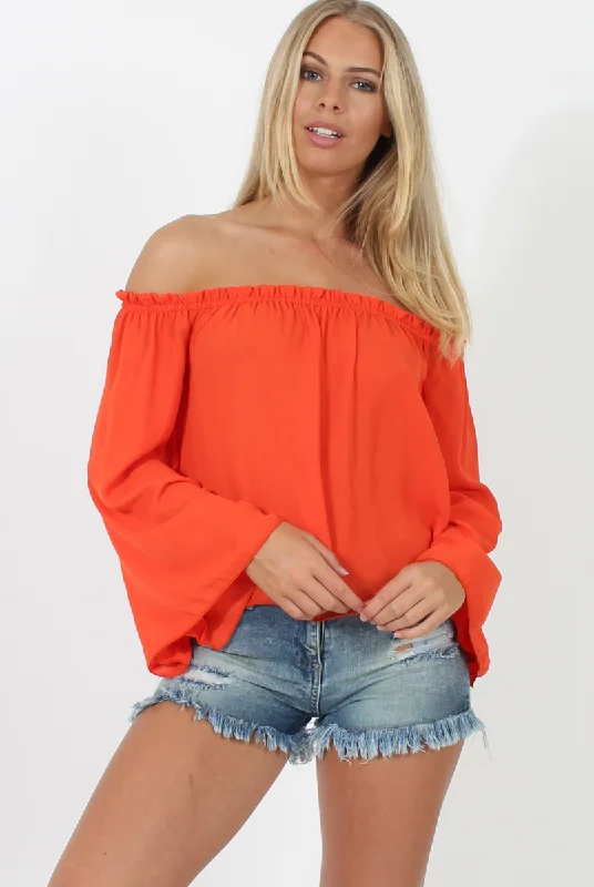 Orange Bardot Three Quarter Bell Sleeve Crop- Chantelle Striped unclassified dresses