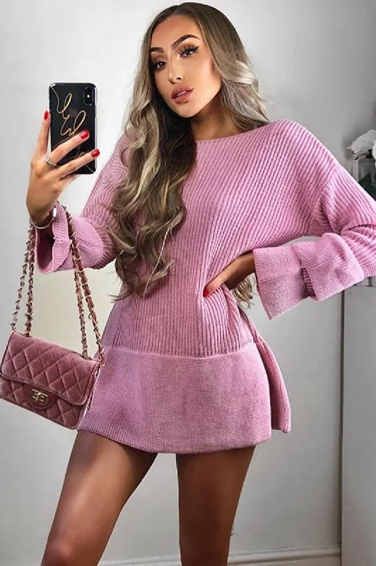 Pink Bell Sleeve Extreme Hem Chunky Knit Jumper Dress - Paige Wedding guest unclassified dresses