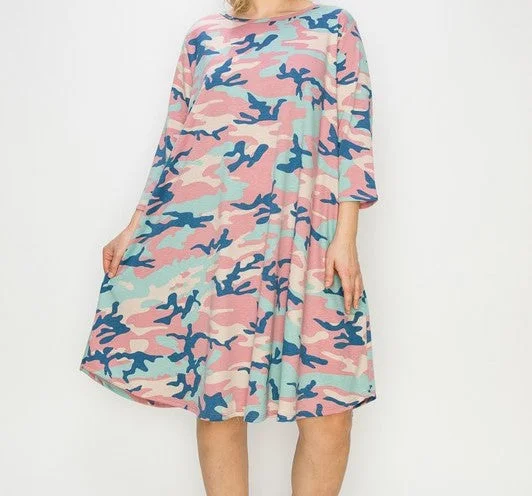 Pink Blue Camo Dress 3Qtr Slv w Pockets Breathable unclassified dresses