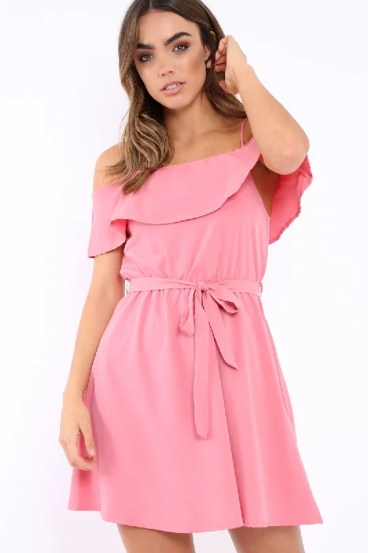 Pink Cold Shoulder Frill Tie Waist Dress - Selah Vacation unclassified dresses