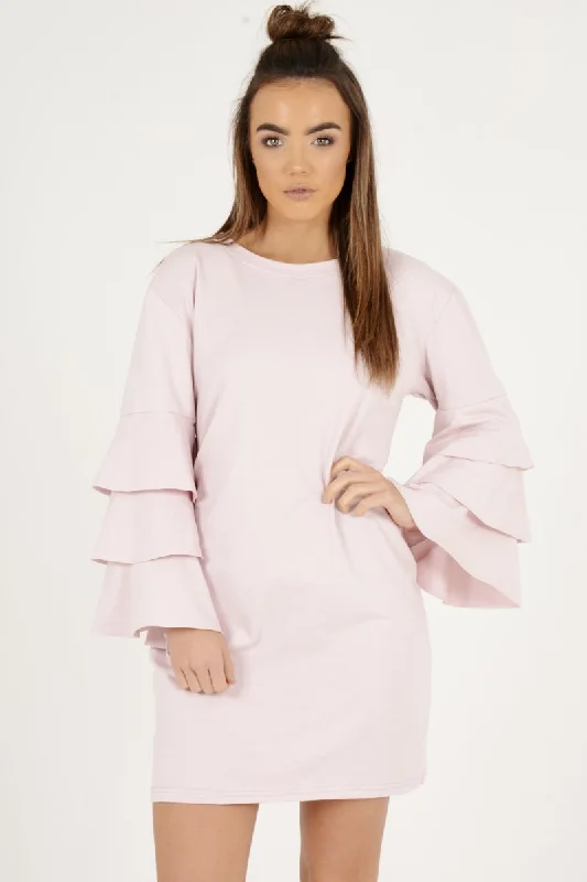 Pink Frilled Sleeve Swing Dress - Aaria Off-shoulder unclassified dresses