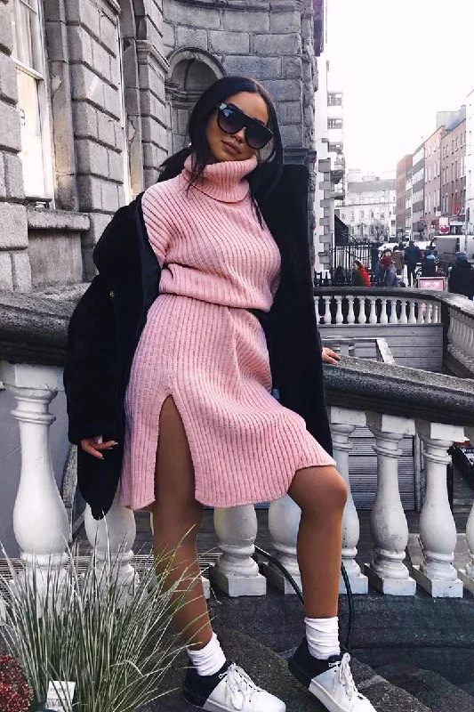 Pink Knitted Roll Neck Jumper Dress - Cecily A-line unclassified dresses