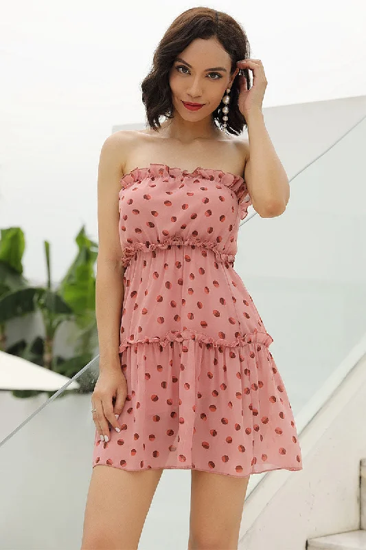 Pink Polka Dot Strapless Ruffle Hem Chiffon Dress Sexy unclassified dresses