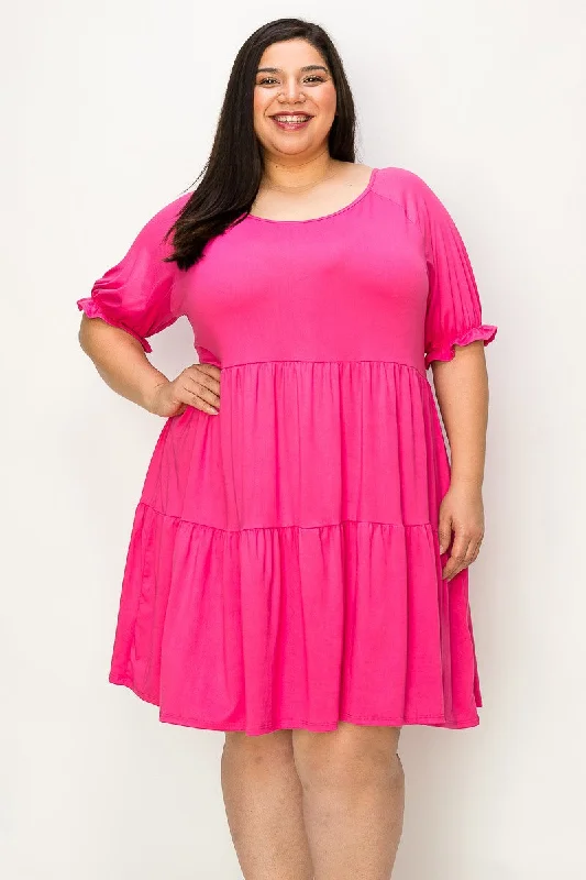 Pink Shirred Sleeve Tier Ruffle Dress Cocktail unclassified dresses