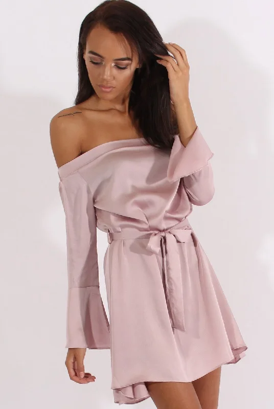 Pink Silky Bardot Tie Waist Dress - Esther Open-back unclassified dresses