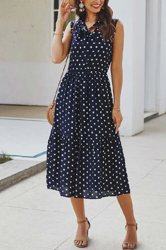 Polka Dot Tie Neck Sleeveless Dress Stylish unclassified dresses