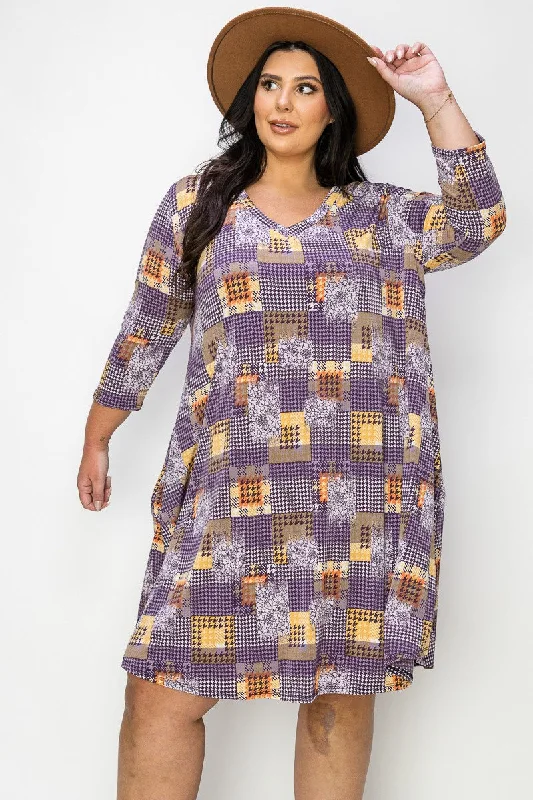 Purple Orange Patchwork Dress 3 Qtr Sleeves and Pockets Bright color unclassified dresses