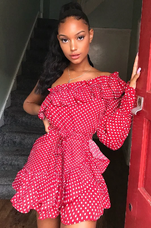 Red and white Polka Dot One Shoulder Frill Dress - Zyann A-line unclassified dresses