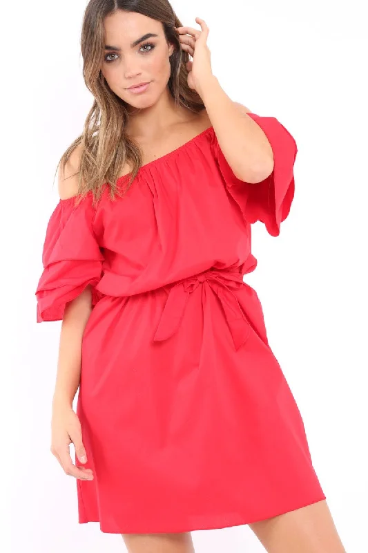 Red Bardot Dress with Ruffled Sleeves - Breena Unique unclassified dresses