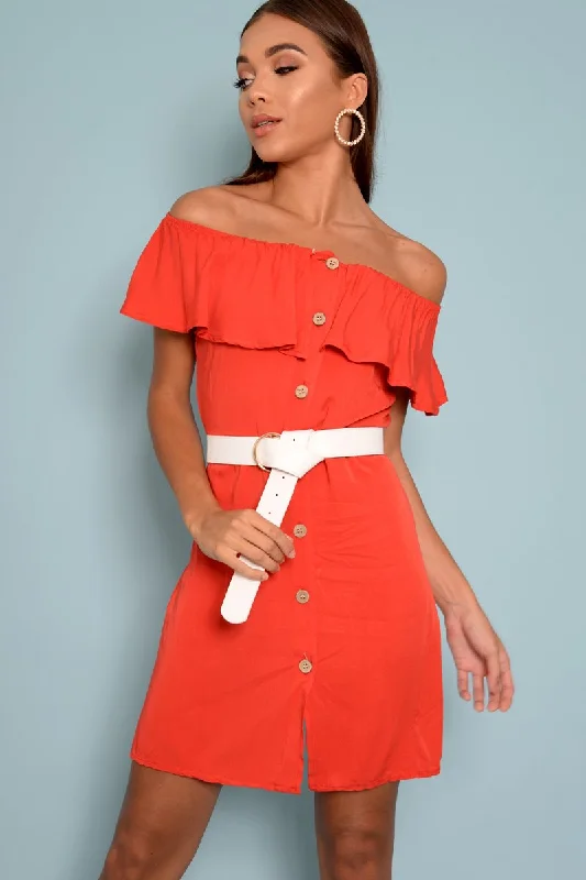 Red Bardot Frill Button Front Dress - Julissa Stylish unclassified dresses