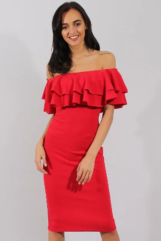 Red Bardot Frill Dress - Serena Party unclassified dresses