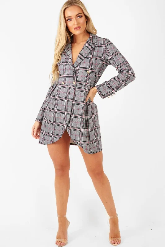 Red Black Check Wrap Blazer Dress - Emry Open-back unclassified dresses