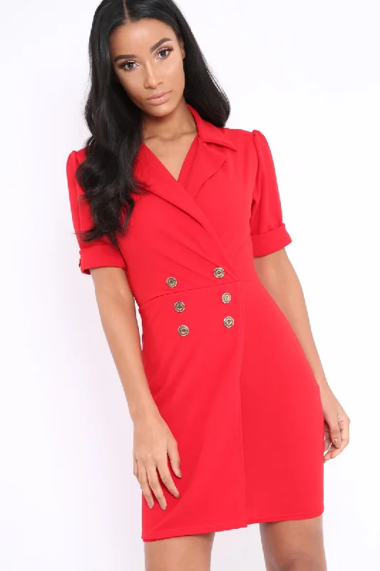 Red Button Detail Plunge Wrap Blazer Dress - Aizah Women's unclassified dresses