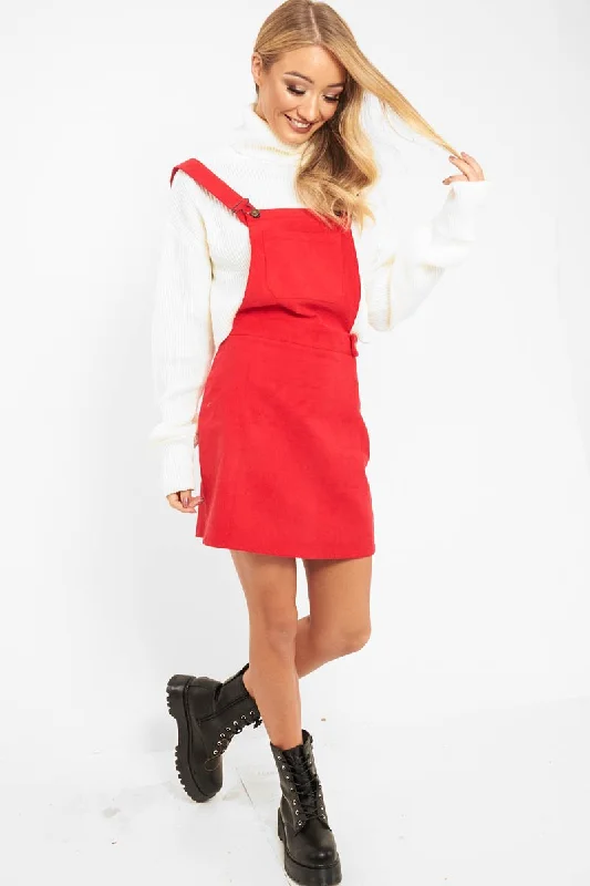 Red Corduroy Pinafore Dungaree Dress - Ayona Monochrome unclassified dresses