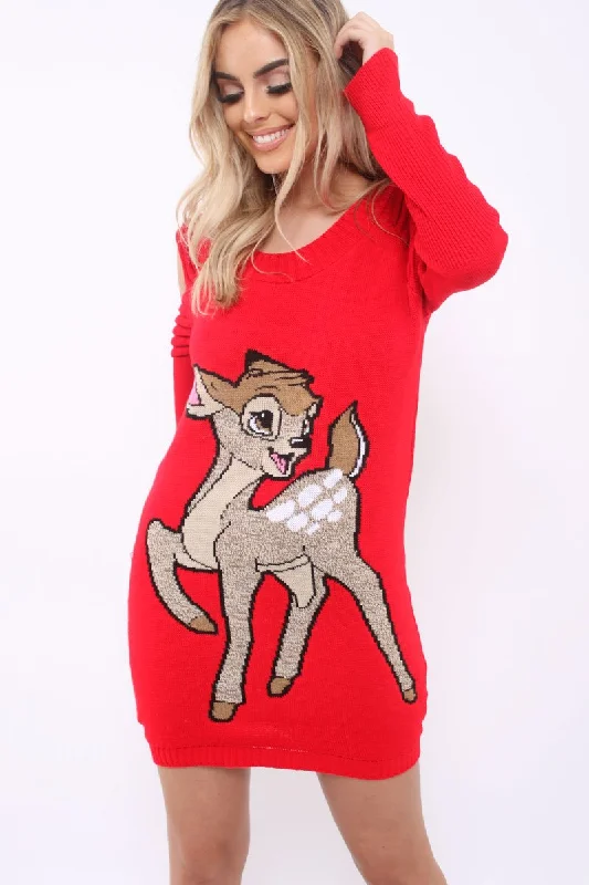 Red Festive Deer Cold Shouldered Jumper Dress - Catarina Tiered unclassified dresses