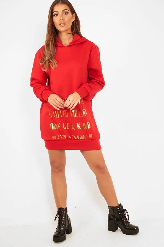 Red Gold New York Slogan Hoodie Dress - Sophira Comfortable unclassified dresses