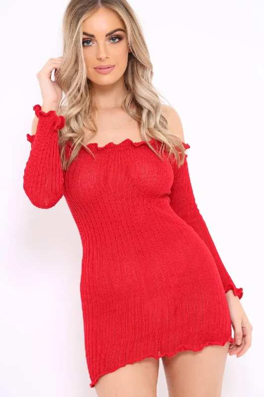 Red Knitted Bardot Frill Dress - Leisha Fashionable unclassified dresses