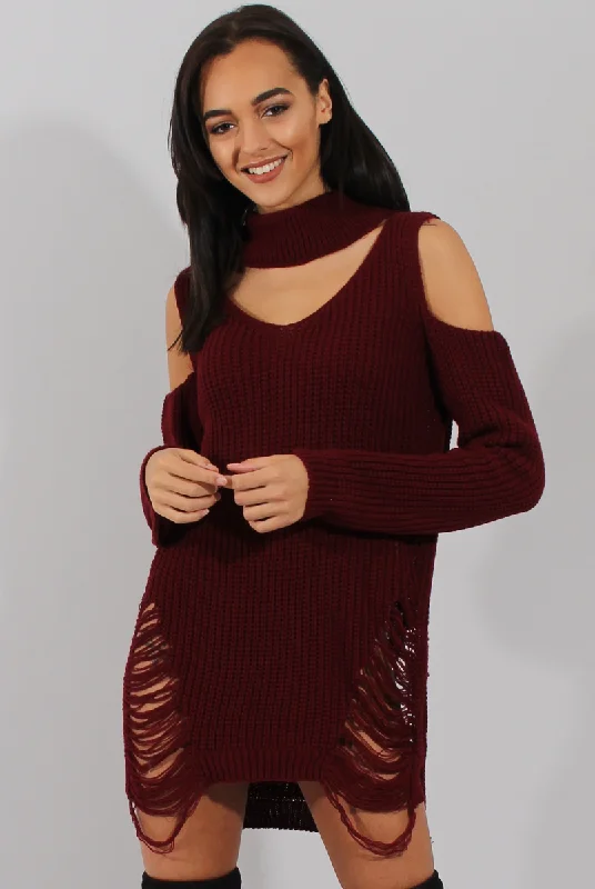 Red Knitted Cut Out Front Cold Shoulder Distressed Jumper Dress - Jamie Elegant unclassified dresses