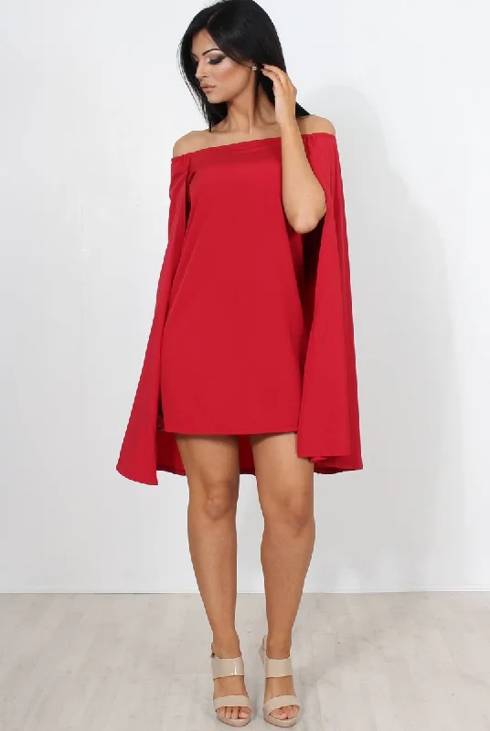 Red Off The Shoulder Cape Dress-Verity Trendy unclassified dresses