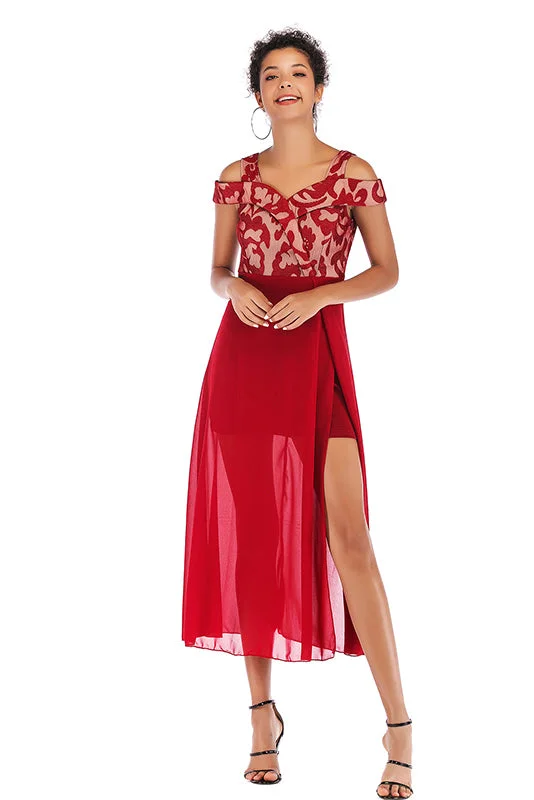 Red Off-the-shoulder Mesh Stitched Chiffon Dress Wrap unclassified dresses