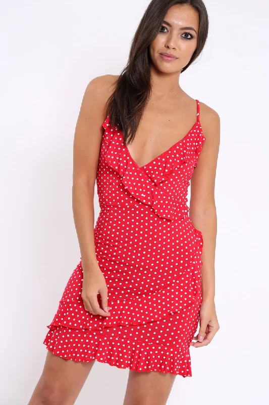 Red Polka Dot Wrap Dress with Frills - Beth Open-back unclassified dresses