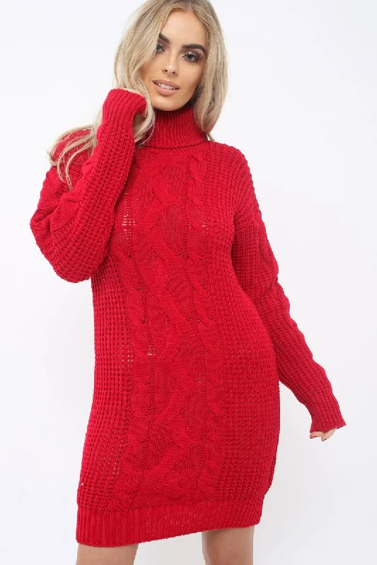 Red Roll Neck Cable Knit Jumper Dress - Dawn One-shoulder unclassified dresses