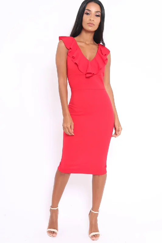 Red Ruffle Plunge Neck Dress - Damara Fashionable unclassified dresses