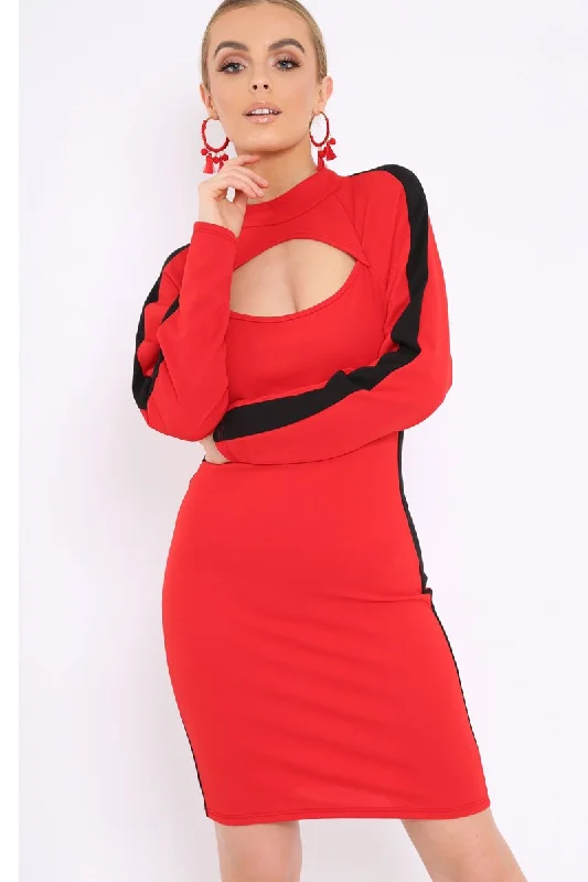 Red Side Black Striped Cut Out Dress - Layia Lounge unclassified dresses