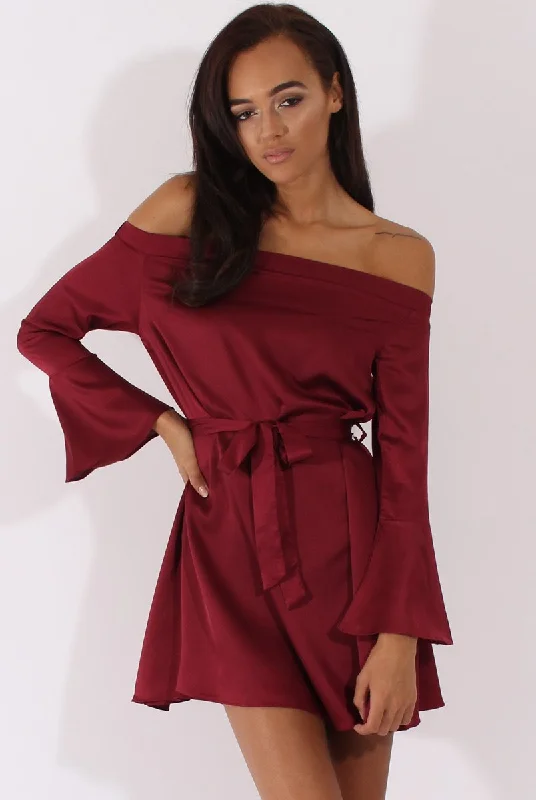 Red Silky Bardot Tie Waist Dress - Esther Holiday unclassified dresses