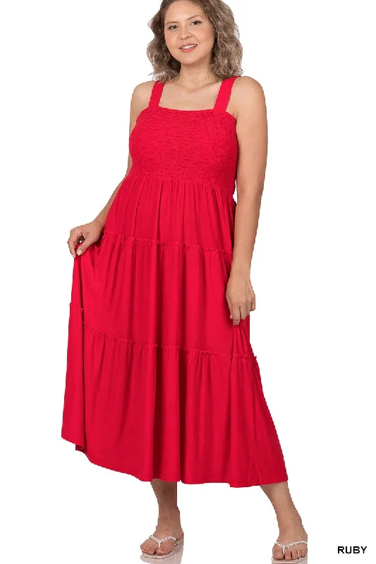 Red Smocked Top Tiered Sundress Stretchy unclassified dresses