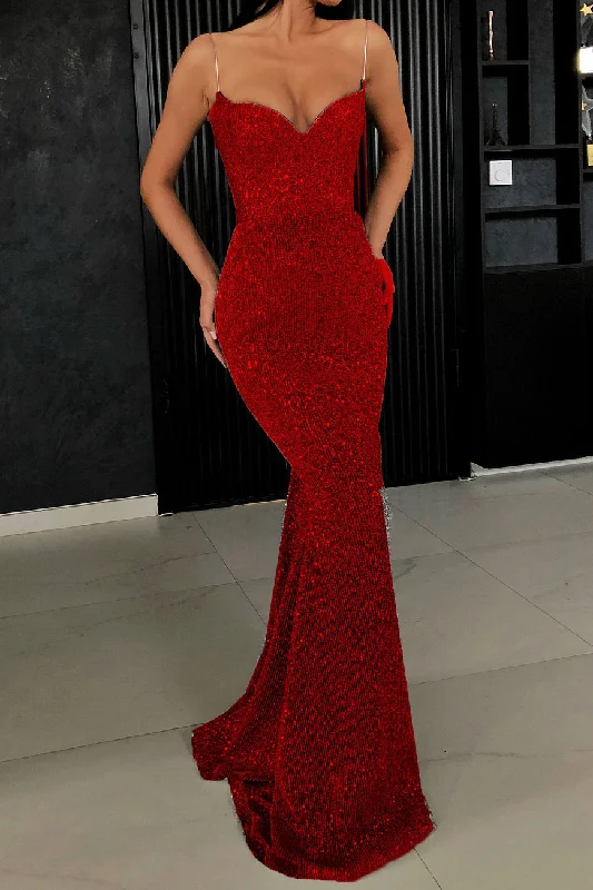 Red Spaghetti Straps Mermaid Evening Gown Formal Dress Office unclassified dresses