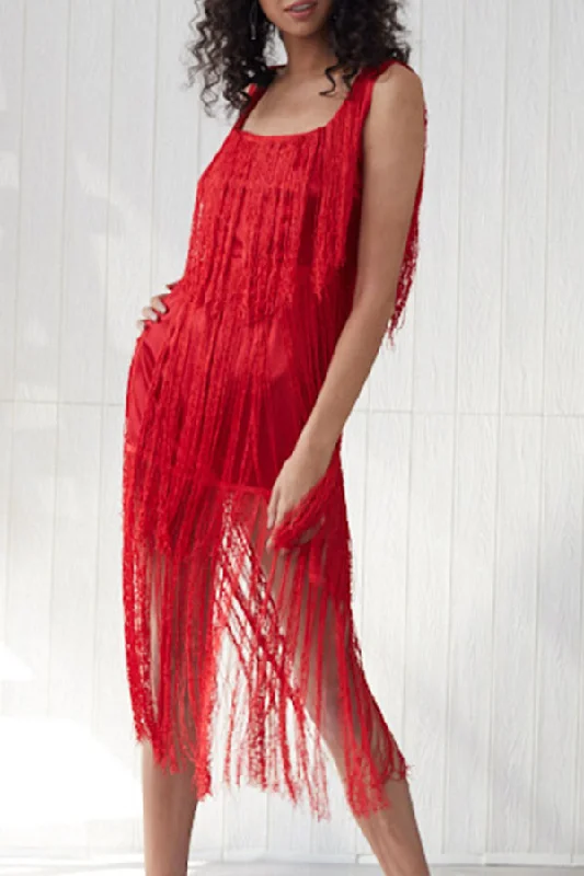 Red Square Backless Tassel Dress Metallic unclassified dresses